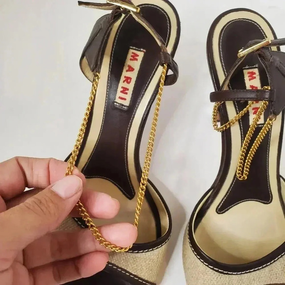 Marni Ankle Chain Leather Canvas Open Toe Heels 37.5 - Picture 2 of 8